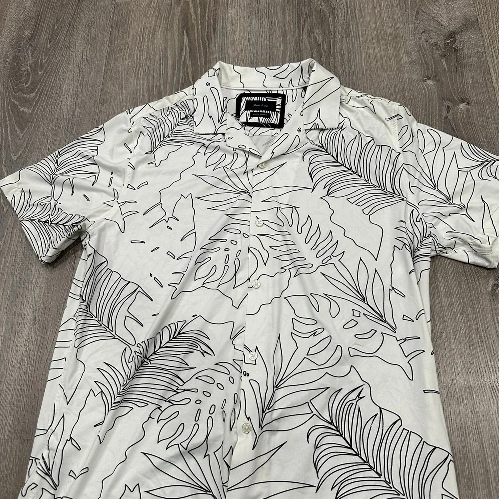 Porter & Ash Kinetic Stretch Mens‎ Large White Black Tropical Leaf Button Down